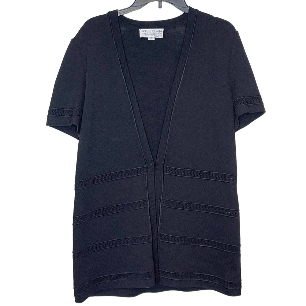 St. John Women's Cardigan Sweater Santana Knit‎ Short Sleeve Open Front Black 10